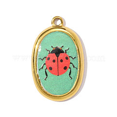 Printed 304 Stainless Steel Pendants, Oval with Ladybug Charms, Ion Plating(IP), Real 18K Gold Plated, Red, 28x17mm