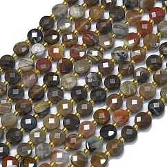 Natural Petrified Wood Beads Strands, with Seed Beads, Faceted Coin Beads, Flat Round, 6~6.5x4mm, Hole: 1mm, about 50pcs/strand, 15.35''(39cm)