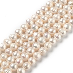 Natural Cultured Freshwater Pearl Beads Strands, Round, Bisque, 7.5~10mm, Hole: 0.6mm, about 40pcs/strand, 34.5~35cm
