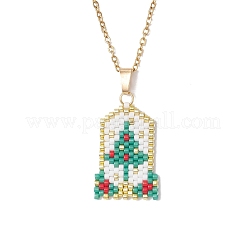 Glass Seed Beaded Rectangle with Christmas Tree Pendant 304 Stainless Steel Cable Chain Necklaces for Women&nbsp;NJEW-MZ00136