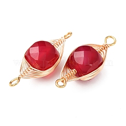 Natural Red Corundum Faceted Cube Links Connector Charms with Copper Herringbone Wire-Wrapped&nbsp;KK-Z152-06G-01A