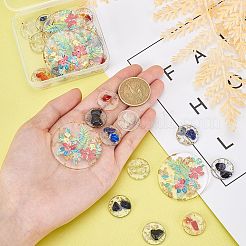 30個5スタイル透明エポキシ樹脂ペンダント  中に金箔が入った天然および合成の宝石  フラットラウンド  6個/スタイル&nbsp;KY-PH0001-16