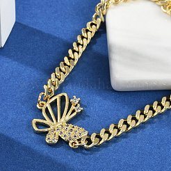 真鍮製マイクロパヴェキュービックジルコニアコネクターブレスレット  女性用キューバチェーンジュエリー  蝶  18KGP本金メッキ  7-3/8インチ（18.7cm）  ペンダント：30x20x4mm&nbsp;BJEW-M050-04G-01