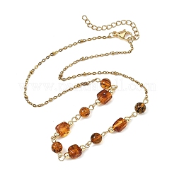 Natural Amber Round Cube Beads Link Chain Necklaces&nbsp;NJEW-JN06073