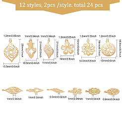 24 個 12 スタイルラックメッキ真鍮ペンダント  長持ちメッキ  花と葉と平丸  ミックスカラー  16~25x10.5~15x0.5~1mm  穴：1~1.2mm  2個/スタイル&nbsp;KK-CA0002-43