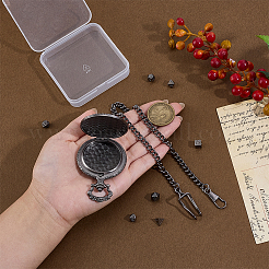Vintage Alloy Flat Round Dragon Eye Pocket Watch with Brass Curb Chain&nbsp;AJEW-PH0007-67B