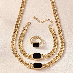 合金エナメル長方形チェーンネックレス＆リンクブレスレット＆リングセット  ブラック  360mm&nbsp;WGBB271-02