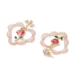 鉄の花のダングルスタッドピアス  ハートのガラス編みペンダント付き  ゴールドカラー  ラベンダー  56x41mm&nbsp;EJEW-MZ00404-02