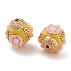 手作りのインドネシアビーズ  合金パーツとレジン  花とロンデル  ピンク  16x16.5x16mm  穴：1.8mm&nbsp;IPDL-B001-01E