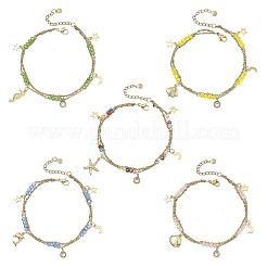 Ocean Faceted Rondelle Electroplate Glass 2-Strand 304 Stainless Steel Sea Animals Charm Anklets for Women&nbsp;AJEW-AN00793