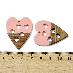 樹脂とクルミのペンダント  ハートとハート  バレンタインデーの贈り物のために  ピンク  37.5x29x3.5mm  穴：1.8mm&nbsp;WOOD-I013-03C