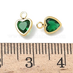 真鍮製ガラスチャーム  ハートチャーム  ニッケルフリー  多面カット  18KGP本金メッキ  グリーン  8x6x2.5mm  穴：1.2mm&nbsp;KK-Z136-19G-01