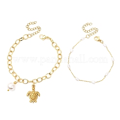 2Pcs 2 Styles 304 Stainless Steel Sea Turtle & Round Shell Pearl Charm Bracelets & 316 Surgical Stainless Steel Plastic Imitation Pearl Link Bracelets Set for Women&nbsp;BJEW-JB12422