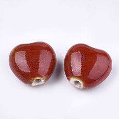 手作りの陶器ビーズ  ファンシーアンティーク施釉磁器  ハート  暗赤色  14~15x16x9~10mm  穴：2mm&nbsp;X-PORC-S498-15A-19