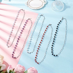 Handmade Natural Carnelian & Lava Rock & Amethyst & Dyed Quartz Round Beads & 304 Stainless Steel Paperclip Chain Necklaces&nbsp;NJEW-JN05500