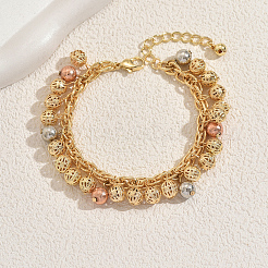 鉄製の丸いボールチャームブレスレット  女性用メッシュチェーンブレスレット  ゴールドカラー  内径：7-7/8インチ（20cm）&nbsp;IP8993