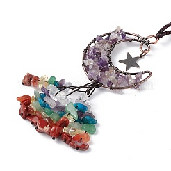 Natural Amethyst Moon with Mixed Gemstone Chips Tassel Pendant Decorations&nbsp;G-L524-07R-A05