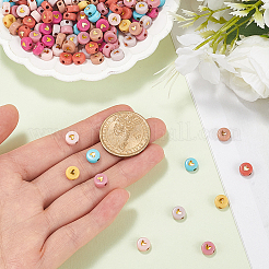 600個の不透明なアクリルビーズ  ハート付きフラットラウンド  黄金メッキ  6.5x7x3mm  穴：1.6mm&nbsp;PACR-SP0001-02A