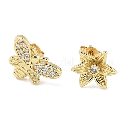 Bees & Flower Brass Micro Pave Clear Cubic Zirconia Stud Earrings&nbsp;EJEW-C145-01G