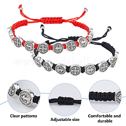 12Pcs 2 Colors Alloy Flat Round with St. Benedict Charm Beaded Bracelets&nbsp;BJEW-DC0001-33