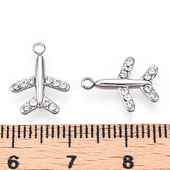 304ステンレススチールチャーム  手動研磨  ラインストーン付き  飛行機チャーム  ステンレス鋼色  14x11x2mm  穴：1.4mm&nbsp;X-STAS-T064-27P