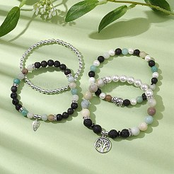 4Pcs 4 Styles 6/8mm Round Natural Lava Rock & Flower Amazonite & Shell Pearl Beaded Stackable Stretch Bracelet Sets&nbsp;BJEW-JB10333