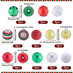 クリスマステーマのプラスチックとアクリルのラウンドビーズ50個、10つのスタイル、DIYジュエリーメイキングキット  ミックスカラー  19~20x19~20mm  穴：2~3mm  5個/スタイル&nbsp;SACR-SC0001-37