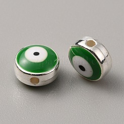 CCBプラスチックビーズ  両面エナメル付き  ナザールボンジュウ付きフラットラウンド  グリーン  8x5mm  穴：1.5mm&nbsp;LS-FIND-WH0038-89A-08
