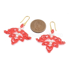 ガラス種ビーズダングルイヤリング  リーフシェルパールビーズイヤリング  ゴールドカラー  レッド  60x46mm&nbsp;EJEW-MZ00285-01