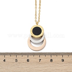 304ステンレススチールローマ数字3リングペンダントネックレス  黒いプラスチック  ゴールド＆ステンレス鋼色のバラ  18.27インチ（46.4cm）&nbsp;NJEW-V001-06P-02