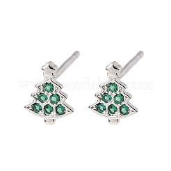 真鍮マイクロパヴェキュービックジルコニアのクリスマスツリースタッドピアス  プラチナメッキ  7x5.5mm&nbsp;EJEW-L278-09P