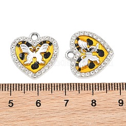 合金ペンダント  エナメルとラインストーン付き  蝶のチャーム付きハート  プラチナ  18.5x18.5x2.5mm  穴：2mm&nbsp;RB-CBA332B-01A