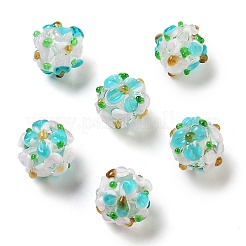 手作りランプワークビーズ連売り  バンピー  花の丸  シアン  11.5~13x11~12mm  穴：1.6~1.8mm  約45個/連  17.68~19.65''（44.9~49.9センチメートル）&nbsp;LAMP-N021-015A-12