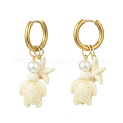 Tortoise & Starfish Synthetic Turquoise Hoop Earrings&nbsp;EJEW-JE07147-01
