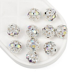 真鍮製のラインストーンビーズ  グレードA  銀色のメッキ  ラウンド  クリスタルAB  8mm  穴：1mm&nbsp;X-RB-A011-8mm-28S