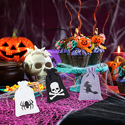 ハロウィン用黄麻布パッキングポーチ 巾着袋 24個 6色  コウモリ、カボチャ、クモ、魔女、ドクロの模様の長方形  混合模様  15x9.4x0.5cm  4個/カラー&nbsp;ABAG-BC0001-49