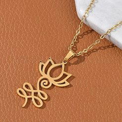 304 Stainless Steel Hollow Cut Yoga Om Lotus Flower Pendant Necklaces&nbsp;NJEW-Z073-02G-02