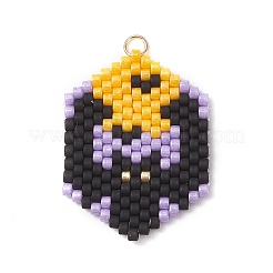 ハロウィーンテーマのガラスシードビーズペンダント5個  六角  304ステンレススチール製ジャンプリング付き  18KGP本金メッキ  ミックスカラー  30.5x24x2.5mm  穴：2.5mm&nbsp;PALLOY-MZ00873