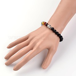 Buddha Head Natural Dyed & Heated Black Agate Beaded Chakra Stretch Bracelets&nbsp;BJEW-JB02226-02