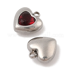 304ステンレススチールマイクロパヴェキュービックジルコニアチャーム  プラチナ  ハート  レッド  10.5x10x5mm  穴：1.4mm&nbsp;STAS-S131-17P-03