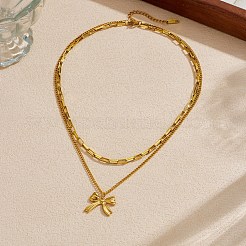 304ステンレススチールペンダントダブルレイヤーネックレス（女性用）  ゴールドカラー  蝶結び  15.75インチ（40cm）  ペンダント：20mm&nbsp;WGDC0B3-03
