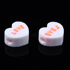 手作り樹脂粘土ビーズ  単語「love」付けのハート  ホワイト  8~8.5x9~9.5x4.5mm  穴：1.8mm&nbsp;CLAY-N008-032I