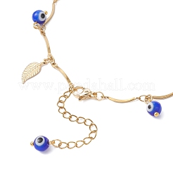 Handmade Evil Eye Lampwork & Stainless Steel Leaf Tassel 304 Stainless Steel Curved Bar Link Chain Anklets for Women&nbsp;AJEW-AN00742-02