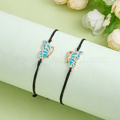 2 個真鍮エナメルバタフライリンクブレスレットセット  女性のための調節可能なBFFブレスレット.  ゴールドカラー  シアン  4-3/4~9インチ（12~23cm）&nbsp;JB730B
