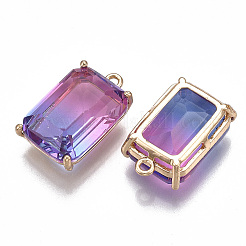 ツートングラスペンダント  真鍮パーツ  多面カット  長方形  ゴールドカラー  カラフル  20.5x13x8mm  穴：1.5mm&nbsp;GLAA-S179-03E