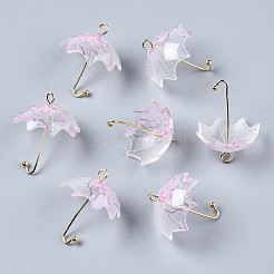 印刷されたアクリルパーツ  ゴールデンメッキ真鍮パーツ  花柄の3d傘  プラム  22~24x18x18mm  穴：1.2~1.8mm&nbsp;KY-S163-397B
