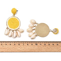 女性用、編み込み合金製シャンデリアピアス  シェルと  ゴールドカラー  きいろ  76x40.5mm&nbsp;AL-CBA1AA3-06G
