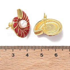 女性のための真鍮エナメル スタッド イヤリング  巻き貝の形  ABSプラスチックイミテーションパール付き  長持ちメッキ  ラックめっき  鉛フリー＆カドミウムフリー  ゴールドカラー  レッド  19.5x19mm&nbsp;KK-CBA760A-10G-02