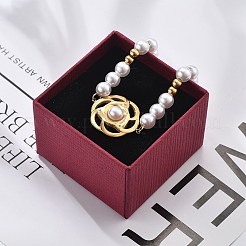 イオンプレーティング（IP）304ステンレススチールリンクブレスレット（女性用）  プラスチックパール付き  花  18KGP本金メッキ  6-3/4インチ（17.1cm）&nbsp;BJEW-P345-07G
