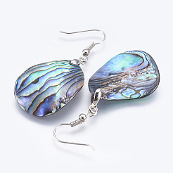アワビシェル/パウアシェルダングルピアス  真鍮パーツ  ドロップ  プラチナ  51.5~53.5mm  ピン：0.7mm&nbsp;EJEW-P148-13-01